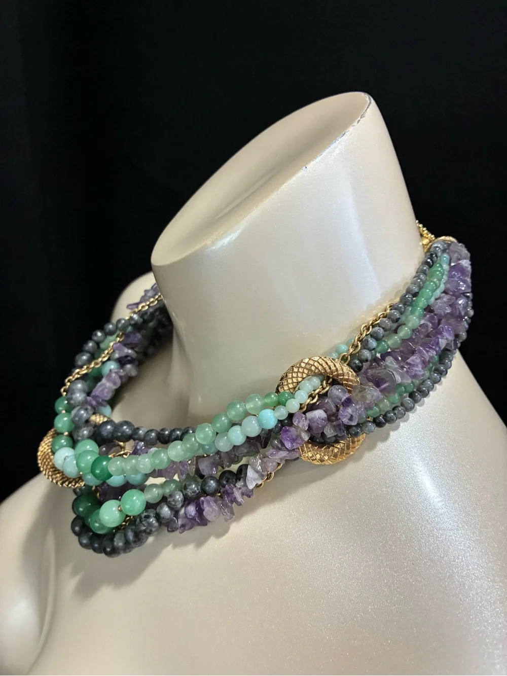 VTG CAROLEE LUX Multi-Strand Amethyst GR Aventurine  Necklace with Gold Accents